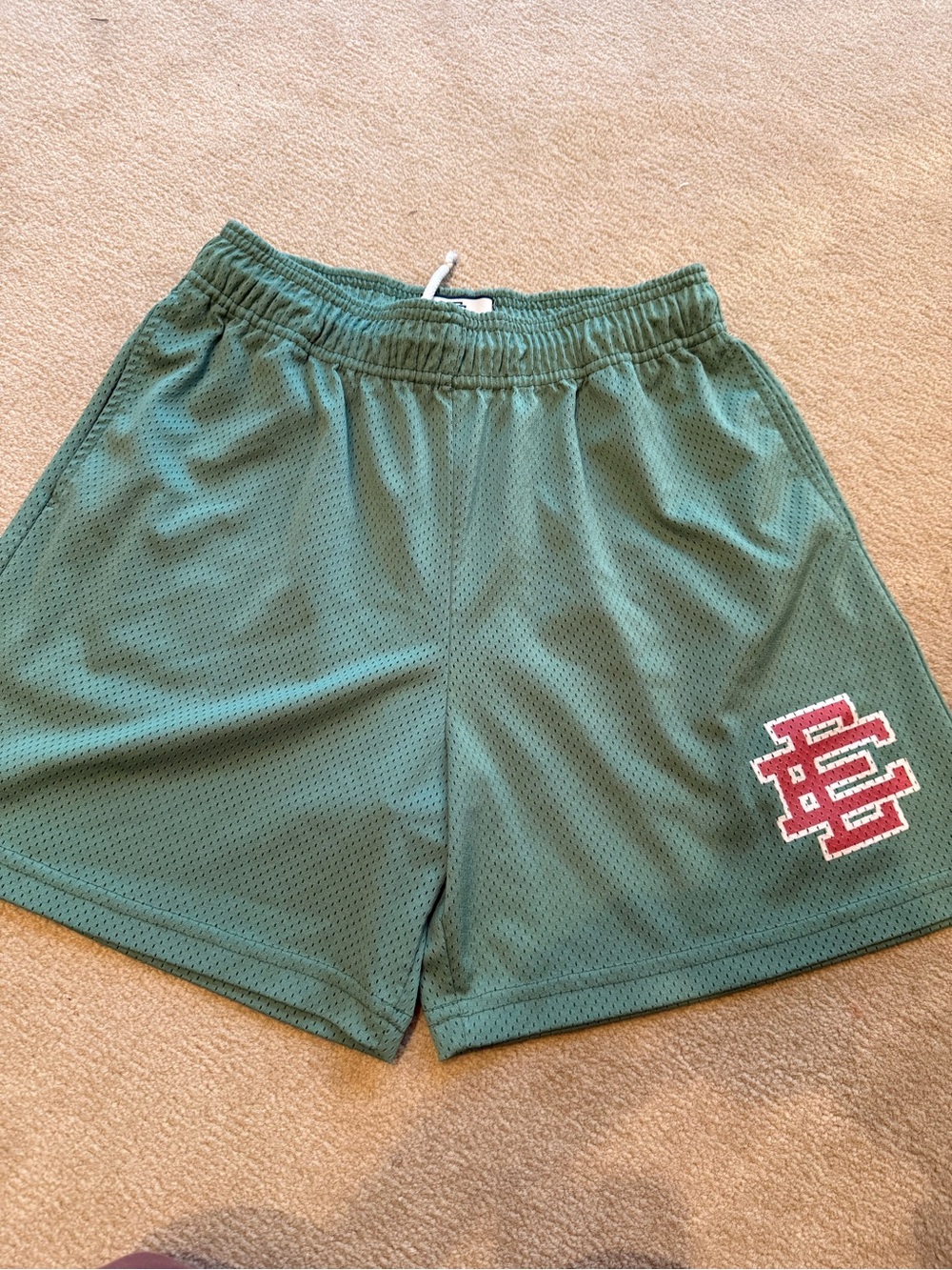 Authentic Eric Emanuel Green Mesh Athletic Shorts with Red Logo